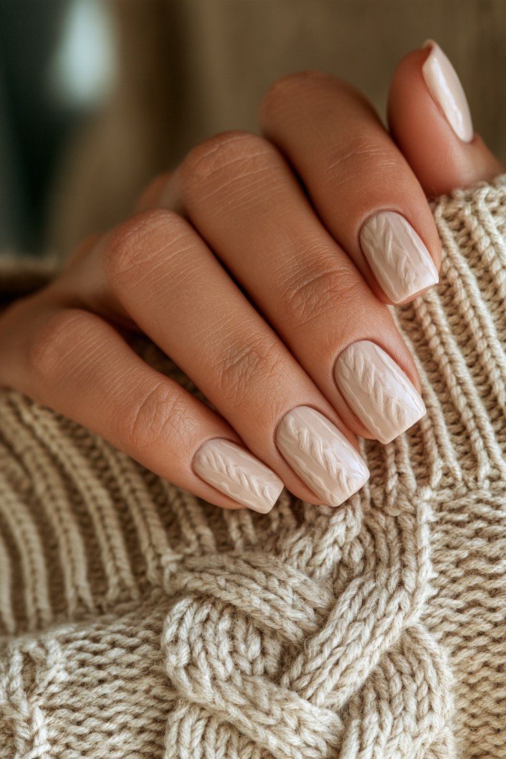 Matte cream nails with hand painted knit stitches on a hand resting on a beige sweater