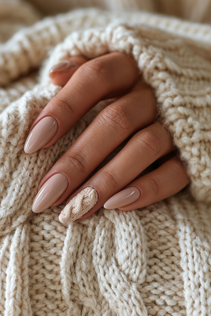 Sheer taupe nails with one cable knit accent nail on the ring finger on a hand resting on a cream scarf