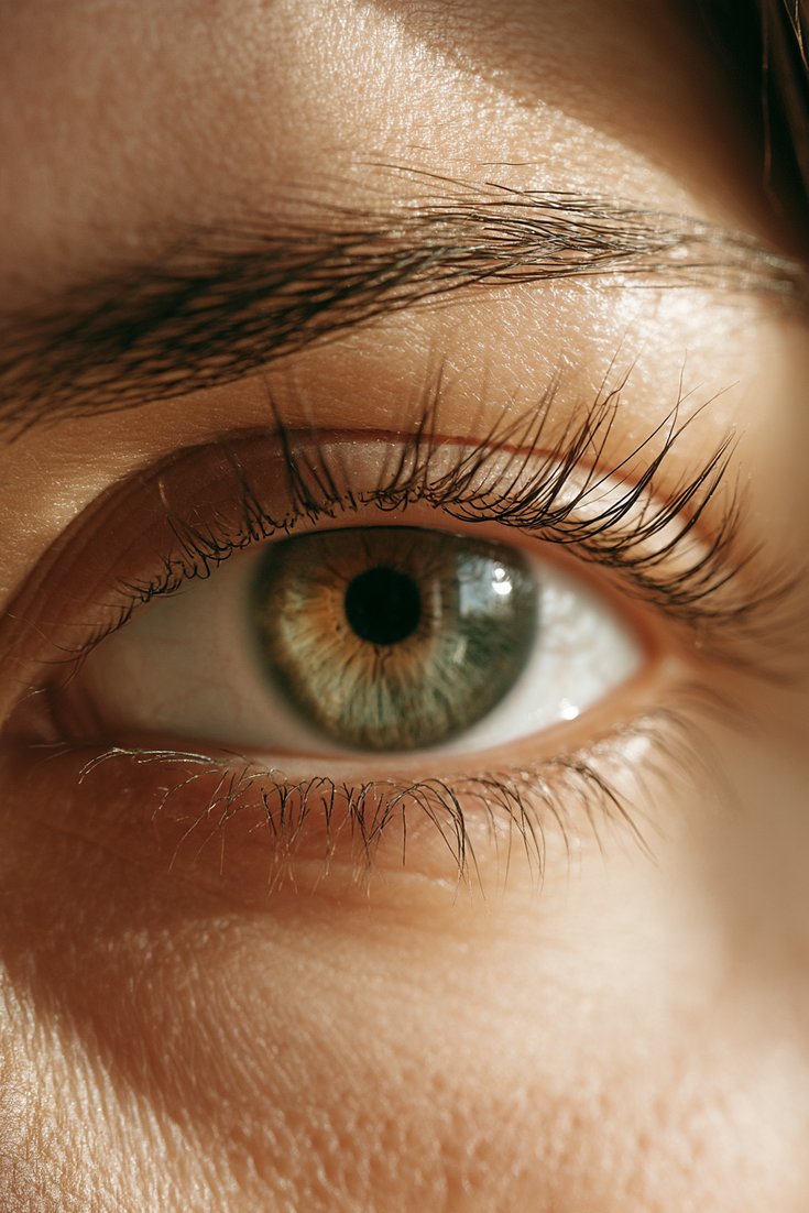 Close-up of a natural eye with short straight lashes lifted into a soft curl using a keratin lift