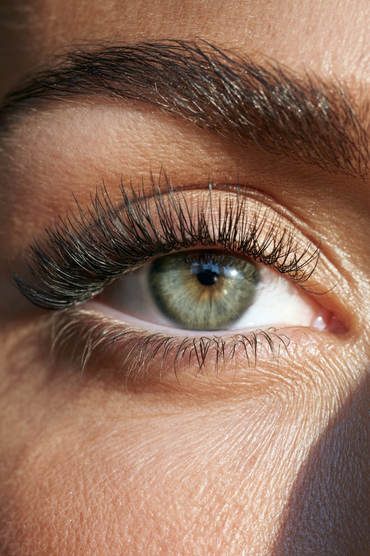 Close-up of a natural eye with hybrid lash extensions, a mix of classic and fanned lashes