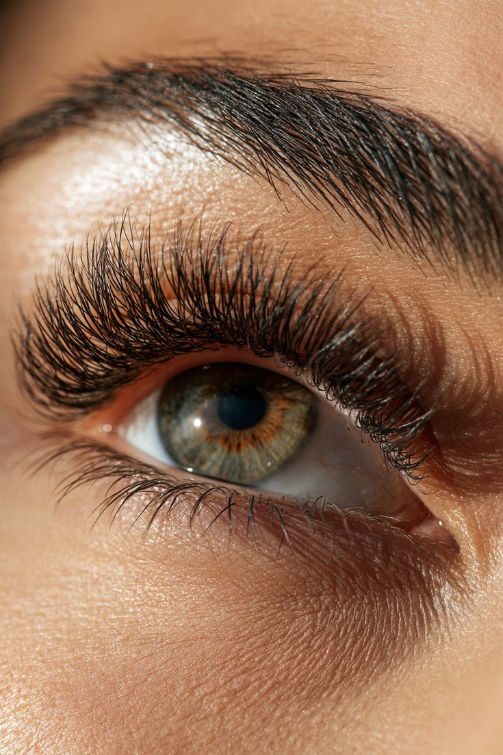Close-up of a natural eye with full volume lash extensions, dense and dark