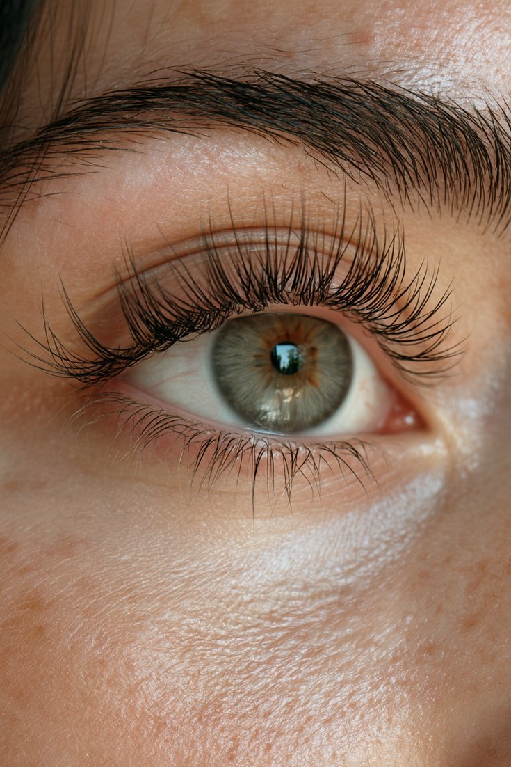 Close-up of a natural eye with wispy manga style lash extensions with spiky pointed clusters