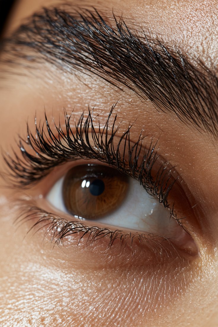 Close-up of a natural eye with wet-look lash extensions, glossy separated spiky lashes