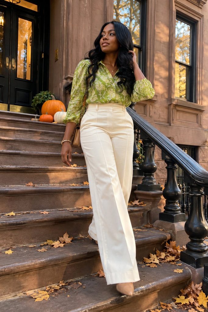 Lime green printed blouse with cream high waisted wide leg trousers