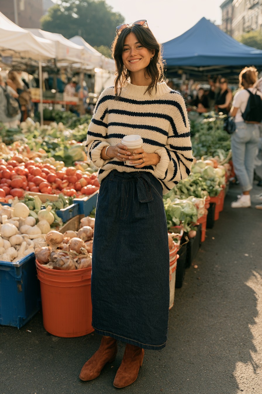 Woman at a farmers market in a long dark denim skirt, cream and navy striped sweater and tan suede ankle boots, holding a paper coffee cup