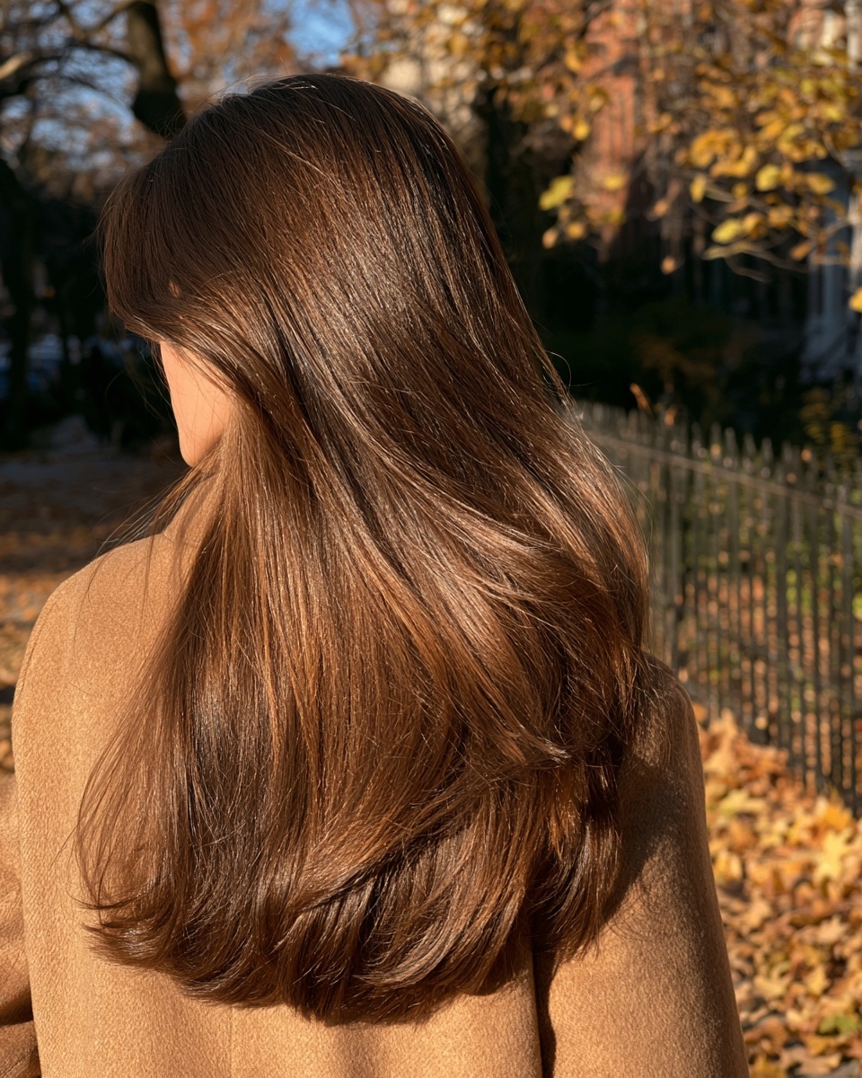 Woman with long straight glossy chocolate brown hair seen from behind in a camel coat in autumn