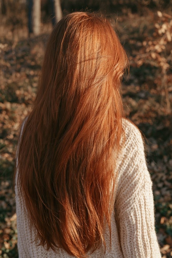 Woman seen from behind with long straight copper hair and soft layers in a cream knit sweater among autumn foliage