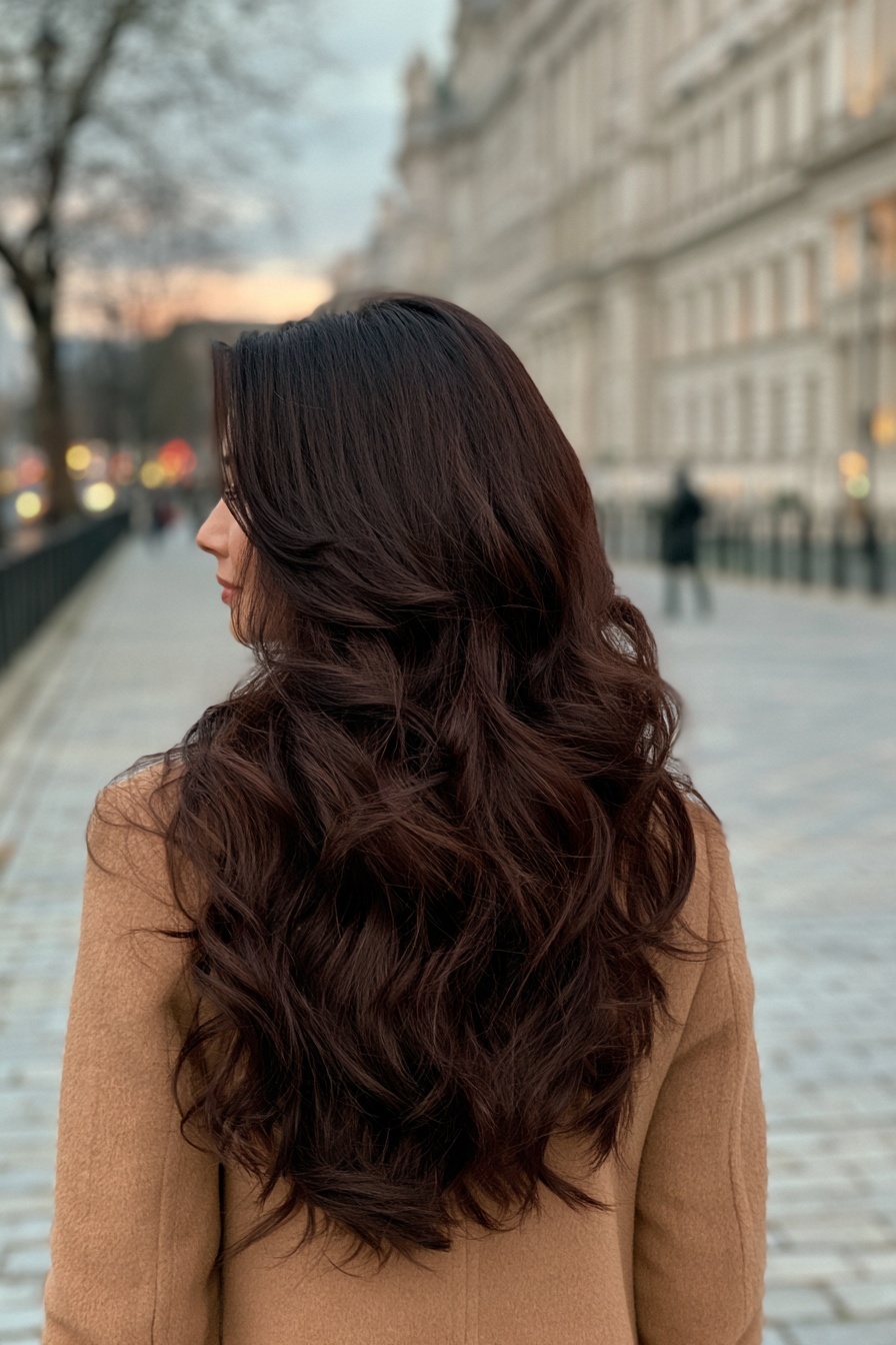 Woman with long wavy dark burgundy hair seen from behind in a camel coat on a city street