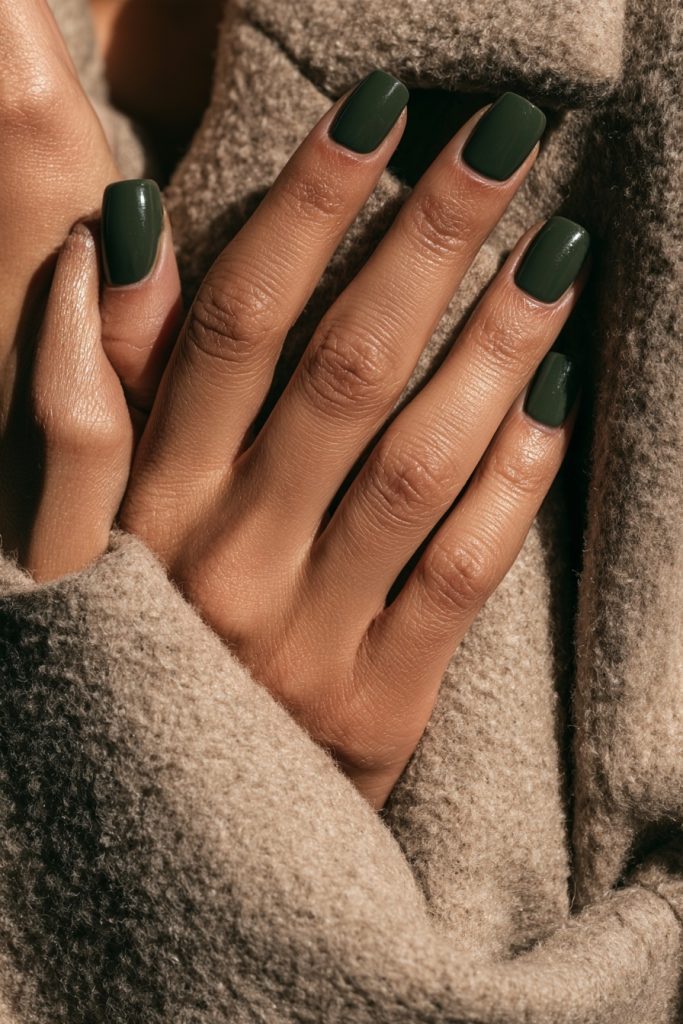 Close up of hands with short matte dark moss green nails on a beige wool coat sleeve