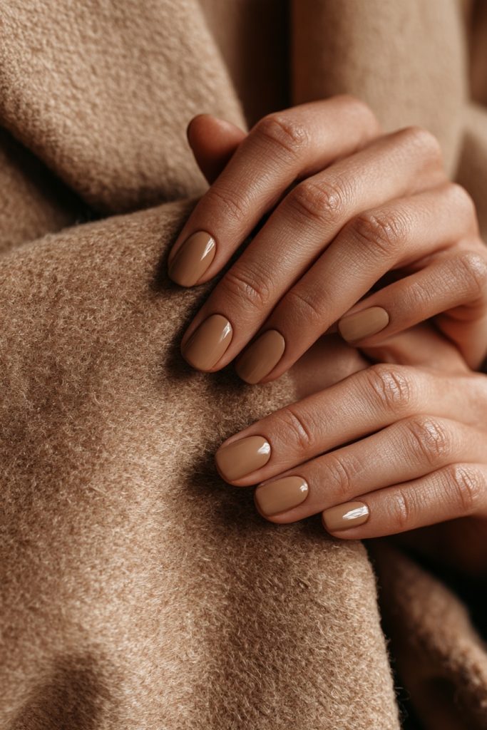 Hands crossed over a camel wool coat with soft milky mocha nails in a pale tan shade