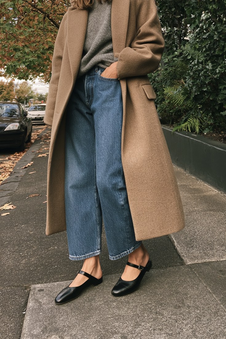Woman in straight-leg blue jeans and black leather Mary Jane flats with a camel coat