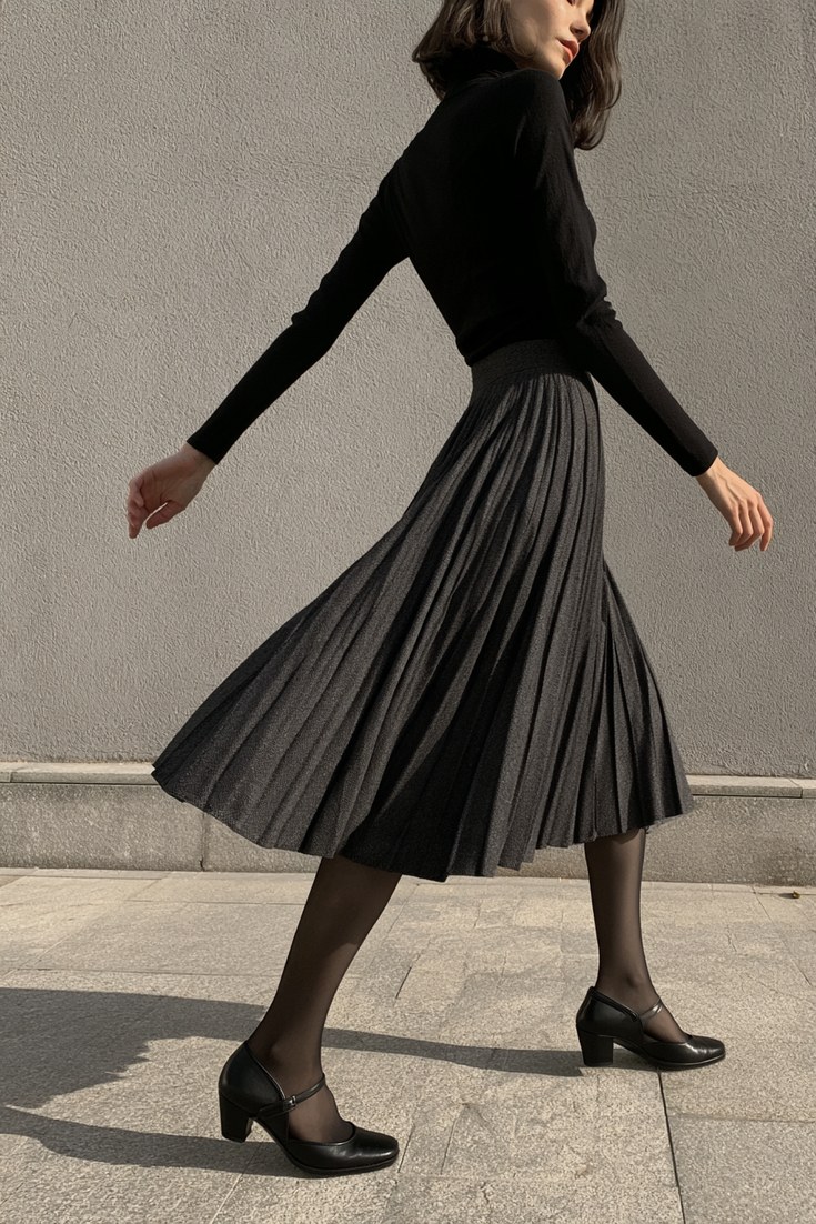 Woman in a charcoal pleated skirt, opaque tights and black block heel Mary Janes
