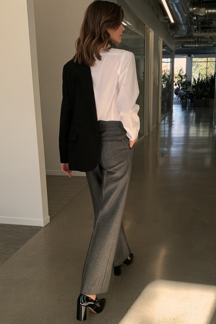 Woman in grey flannel trousers, white shirt, blazer and black block heel Mary Janes