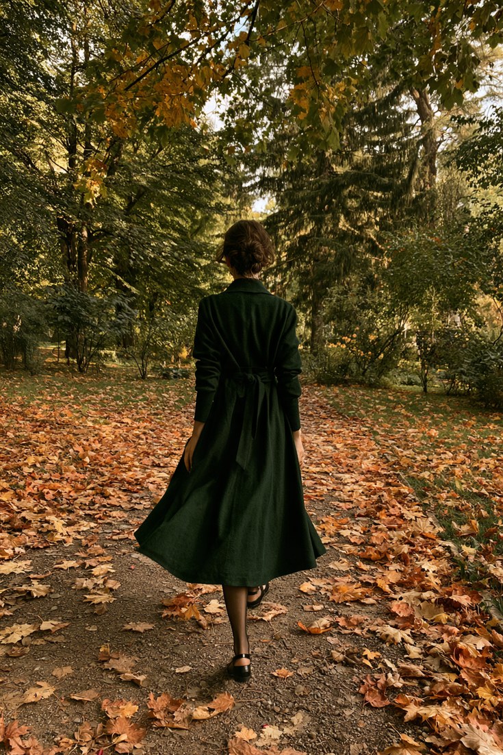 Woman in a forest green midi dress with sheer tights and black single-strap Mary Jane flats