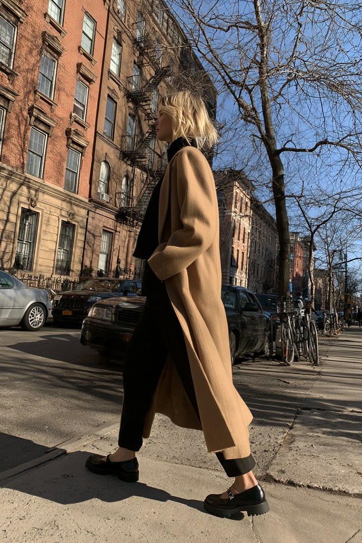 Woman in a long camel wool coat, slim trousers and black lug sole Mary Janes