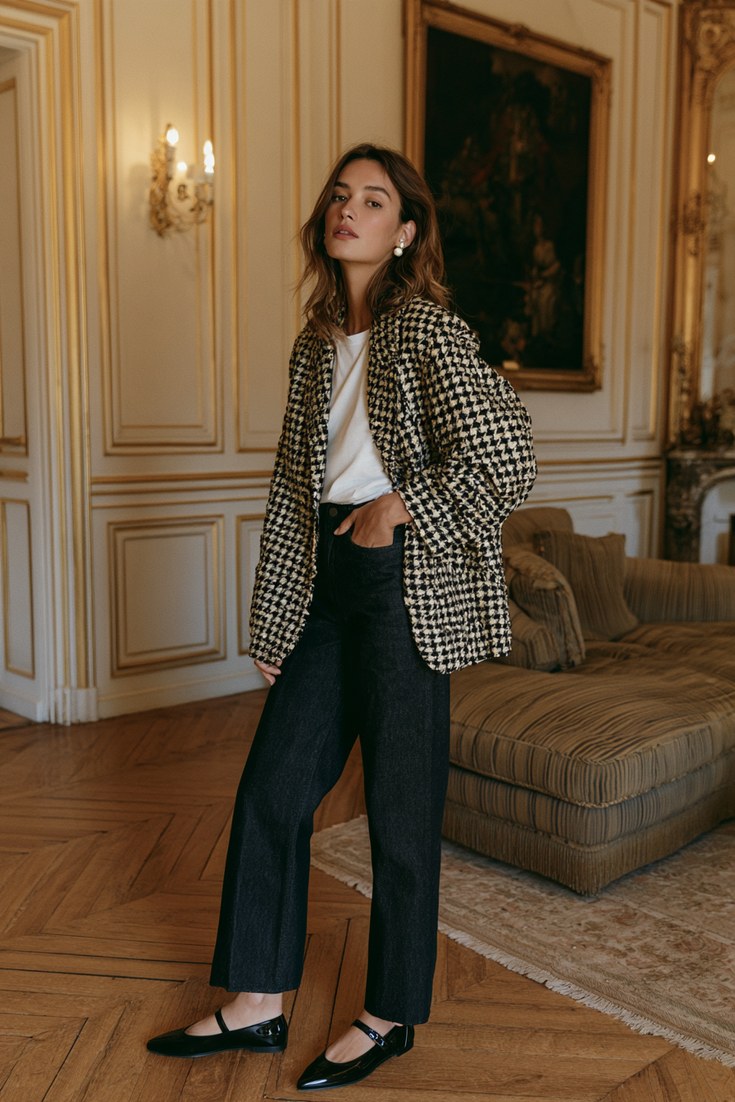 Woman in a black and cream tweed jacket, dark jeans and black patent Mary Janes