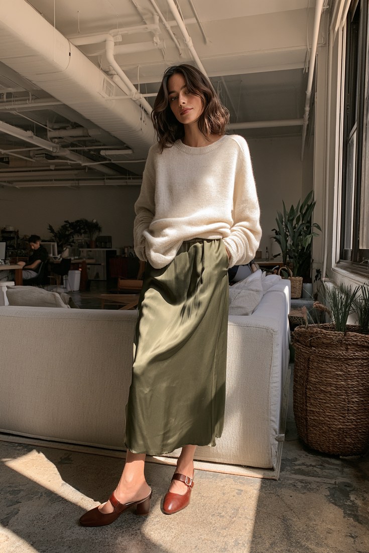 Woman in an oatmeal sweater, olive midi skirt and low block heel Mary Janes in an office