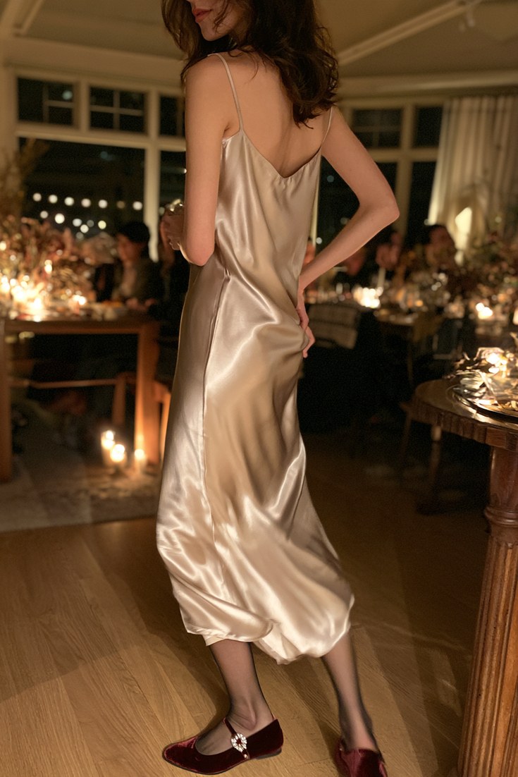 Woman in a satin slip dress, sheer tights and burgundy velvet Mary Jane flats with a small buckle