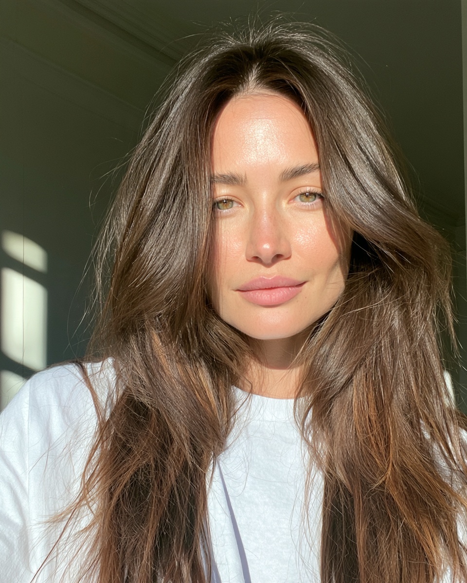 Woman with mocha brown long layered hair with subtle balayage in a white shirt