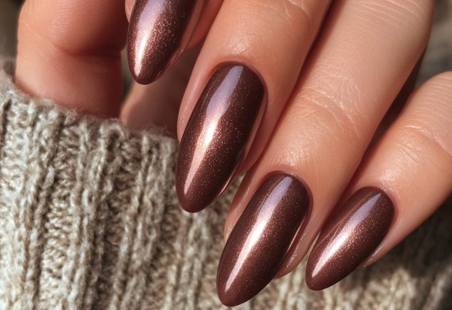 mocha brown nails almond copper shimmer