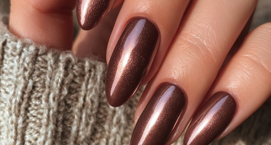 mocha brown nails almond copper shimmer
