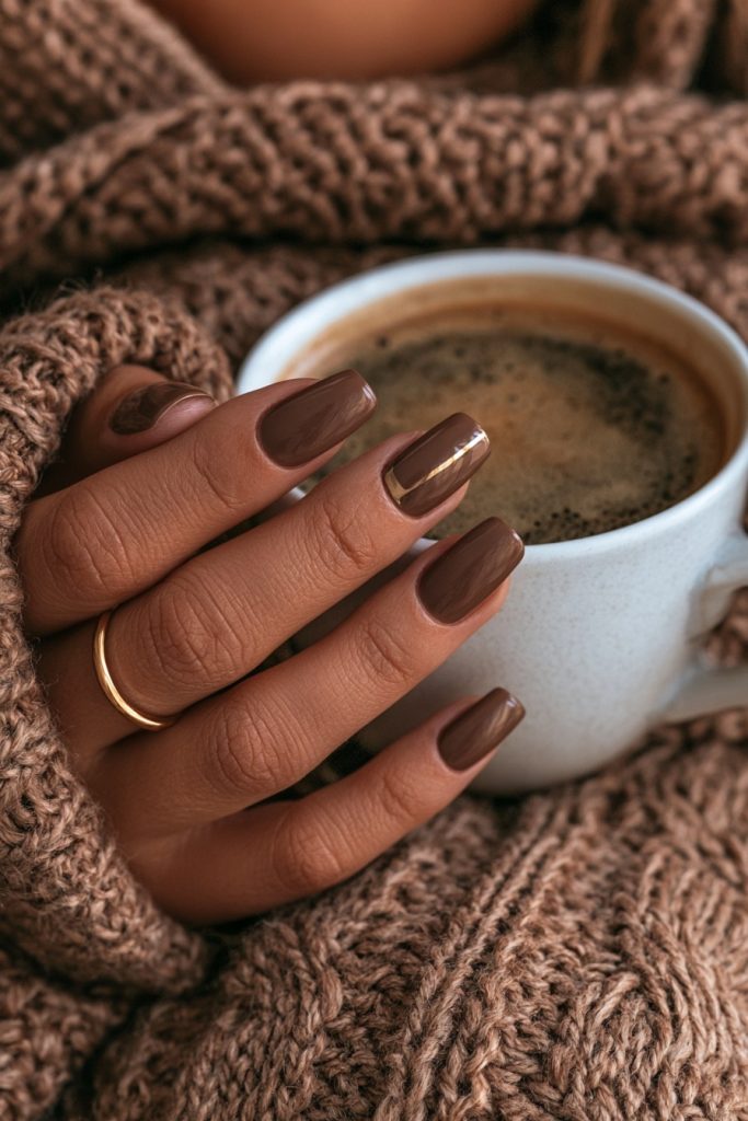 Hand with short mocha brown nails and a gold ring holding a white cup of coffee with a brown knit sweater sleeve