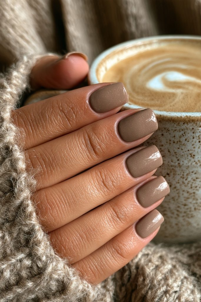 Hand with short square nails in a mocha brown cream polish holding a white cup of latte with latte art on a beige knit sweater