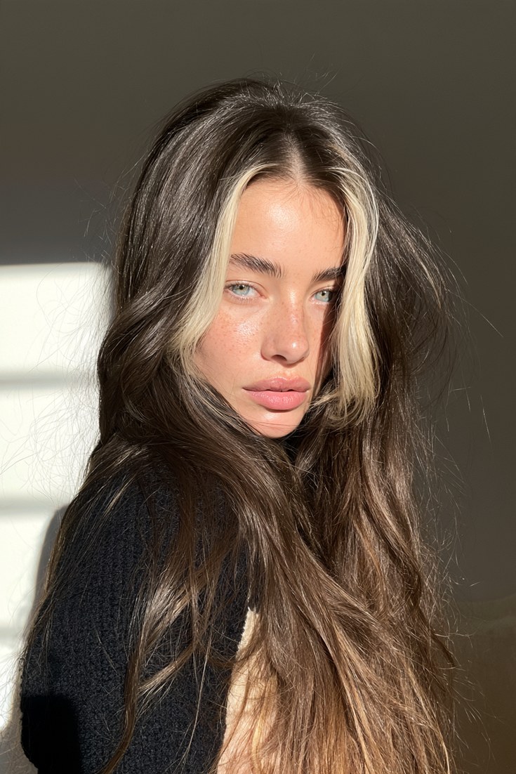 Woman with long dark brown hair and bright blonde face-framing pieces