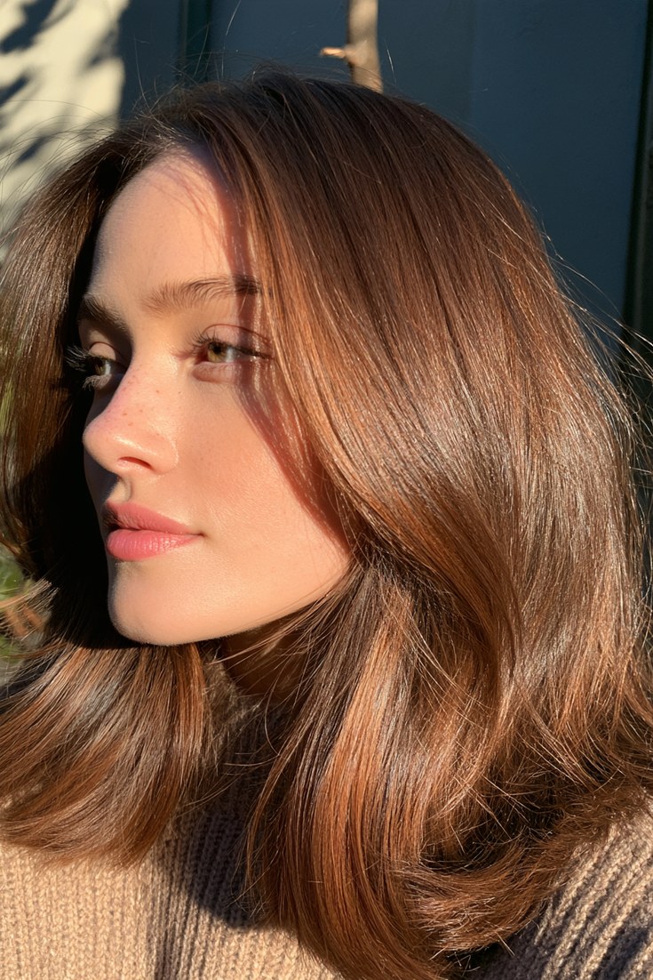 Brunette woman from the side with soft caramel face-framing highlights