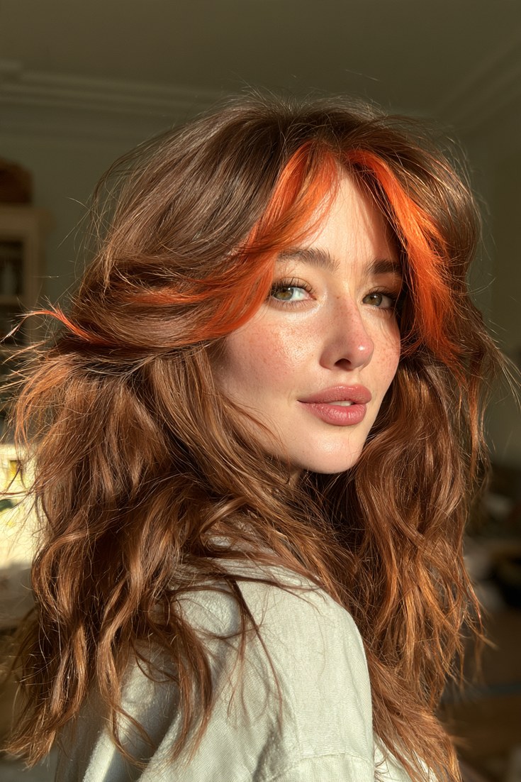 Woman with long wavy brown hair and bright copper face-framing pieces