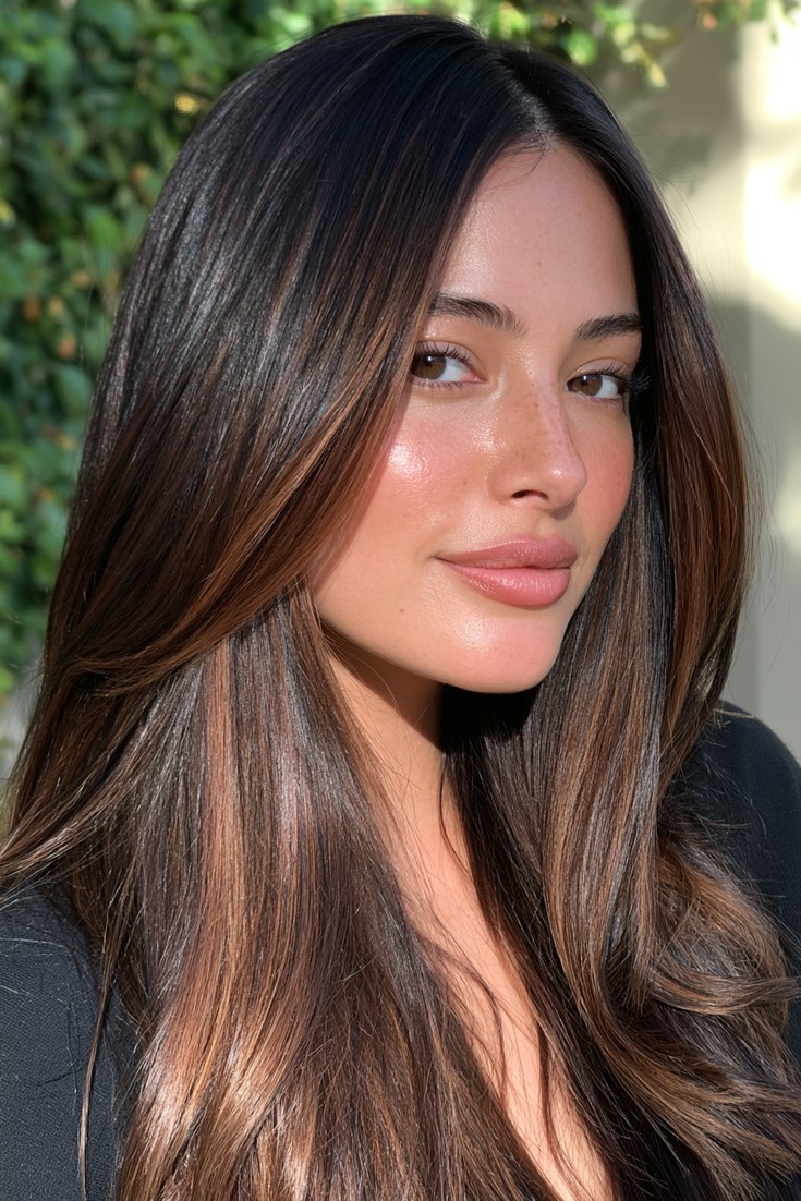 Woman with long black-brown hair and soft honey-brown face-framing pieces