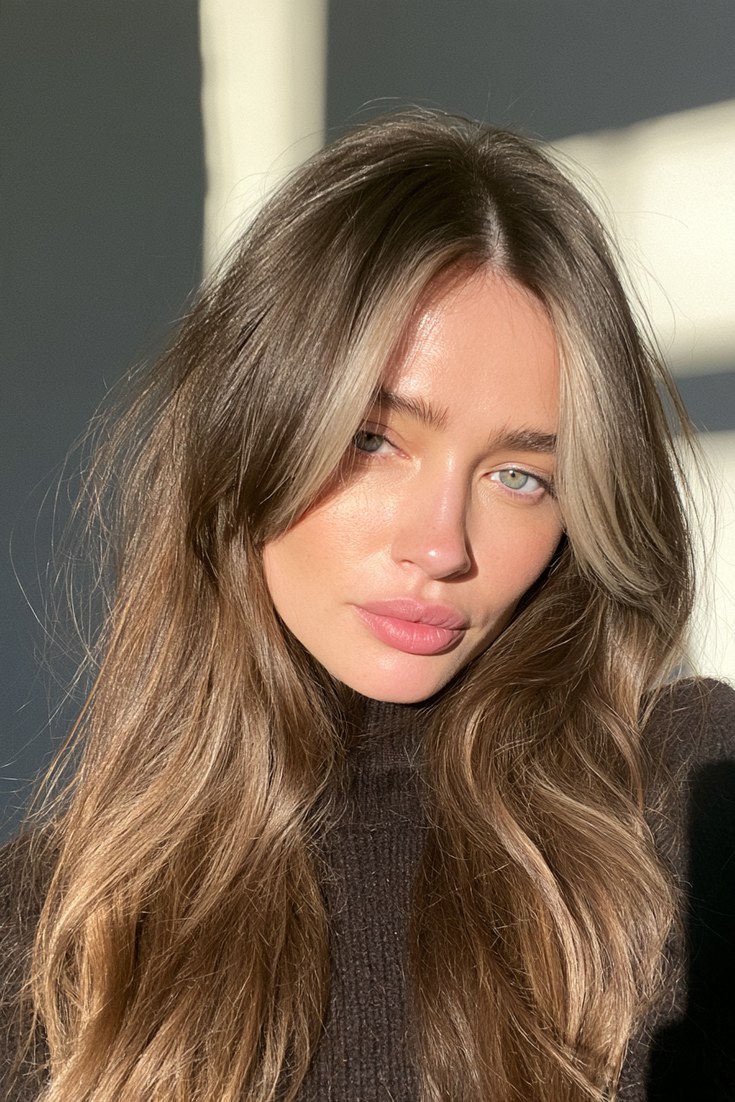 Woman with soft blonde money pieces blending into curtain bangs