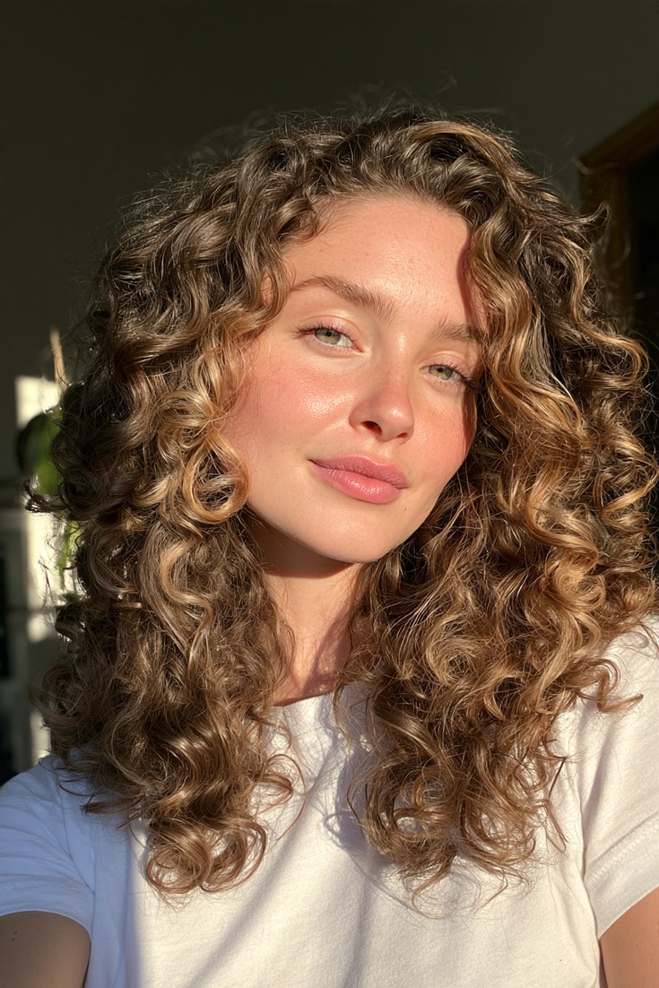 Woman with brown curly hair and bright blonde curls framing her face