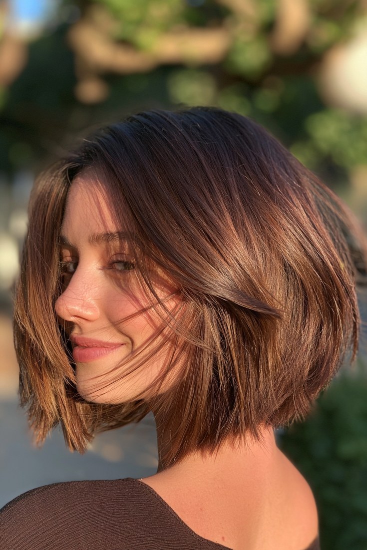 Woman from the back with a chin-length bob and soft lighter face-framing pieces
