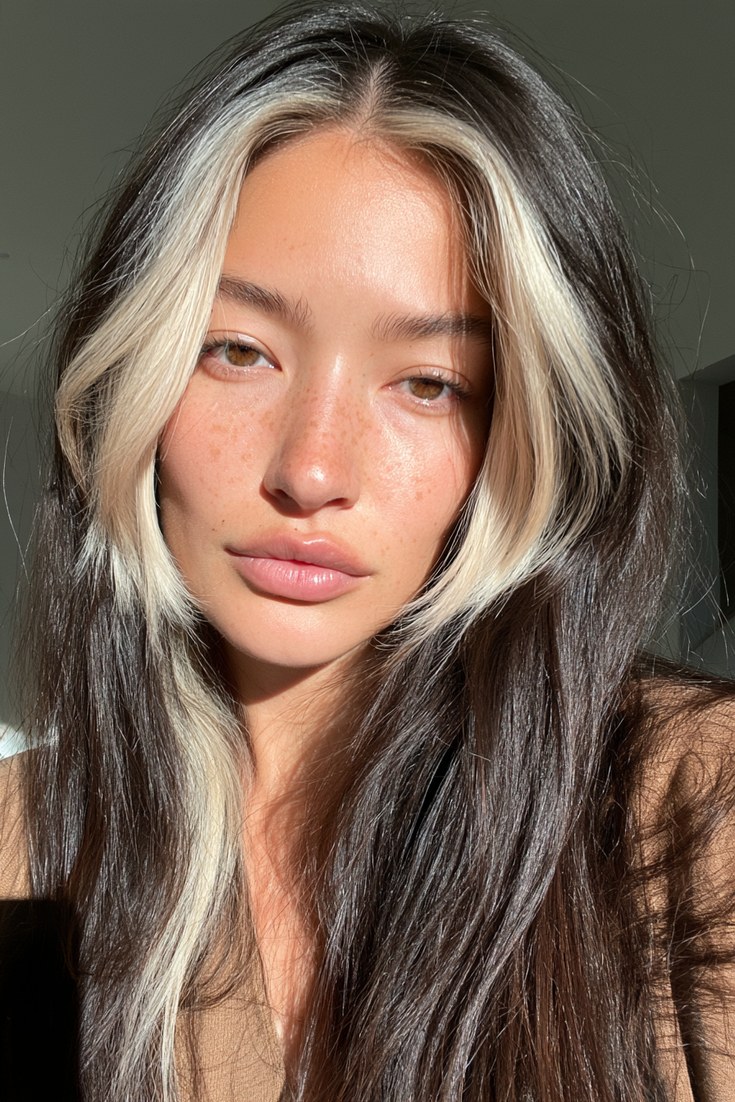 Woman from the side with thick bright blonde face-framing sections on dark hair