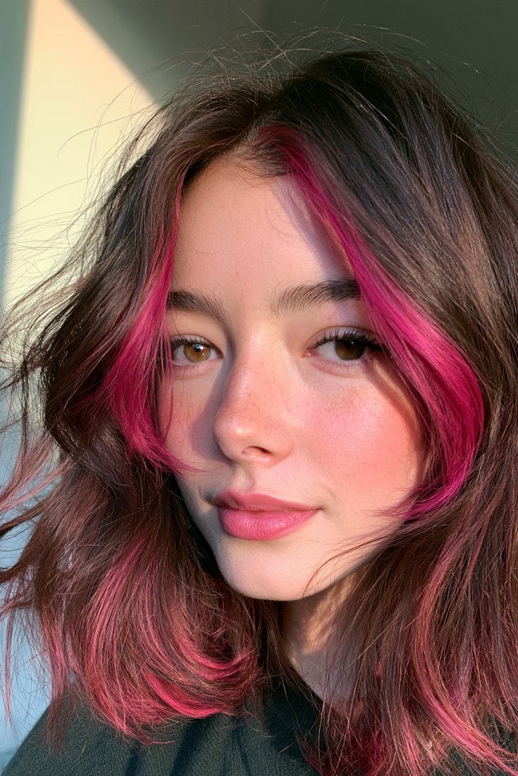 Woman from the side with bright pink face-framing pieces in dark hair