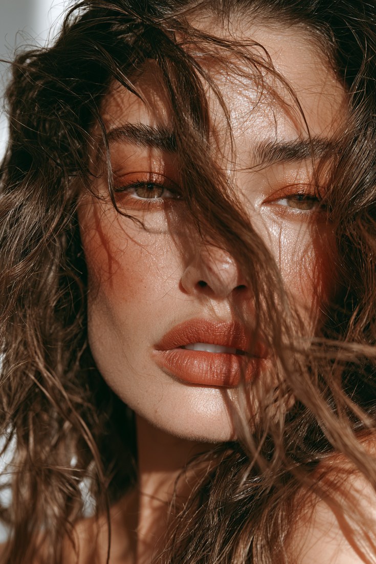 Close-up of a face with terracotta eyeshadow, blush and lip in matching warm clay tones