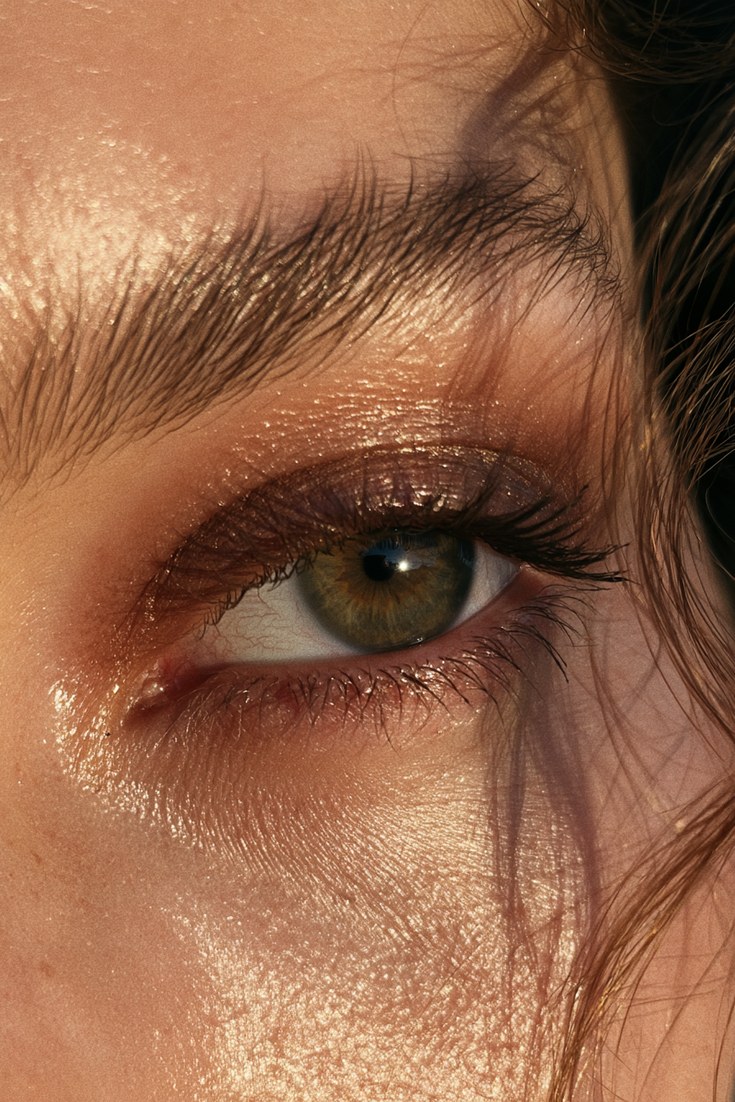Close-up of an eye with soft cocoa brown smoky shadow and brown mascara