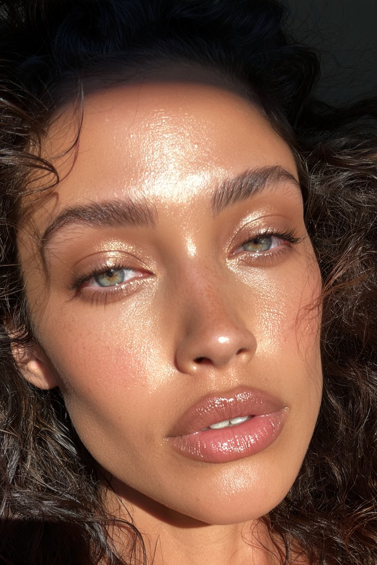 Close-up of a face with soft bronze eyeshadow, bronzed cheekbones and a glossy bronze lip