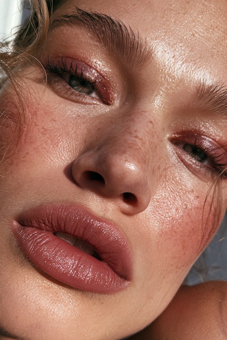 Close-up of a face with rose-brown eyeshadow, dusty rose blush and a rosy brown lip