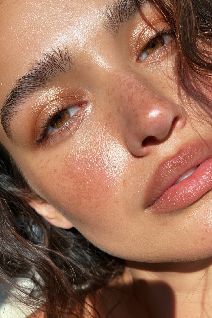 Close-up of a face with caramel eyeshadow, honey-toned cheeks and a soft rosy nude lip