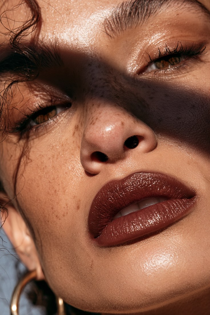 Close-up of a face with a mocha brown lip and matching mocha eyeshadow