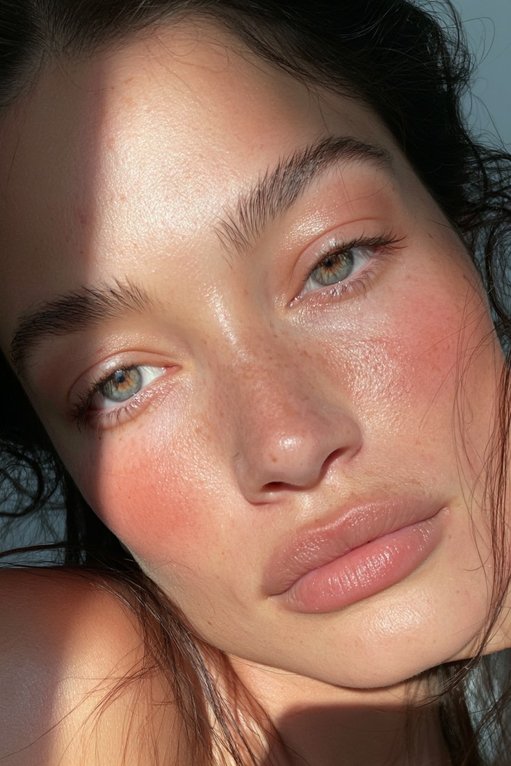 Close-up of a face with peachy tan eyeshadow, peach blush and a peachy nude lip