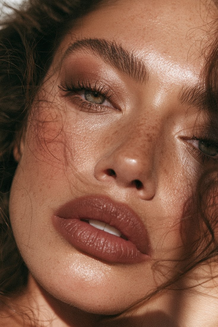 Close-up of a face with soft matte chocolate brown eyeshadow, blush and lip with a blurred suede finish
