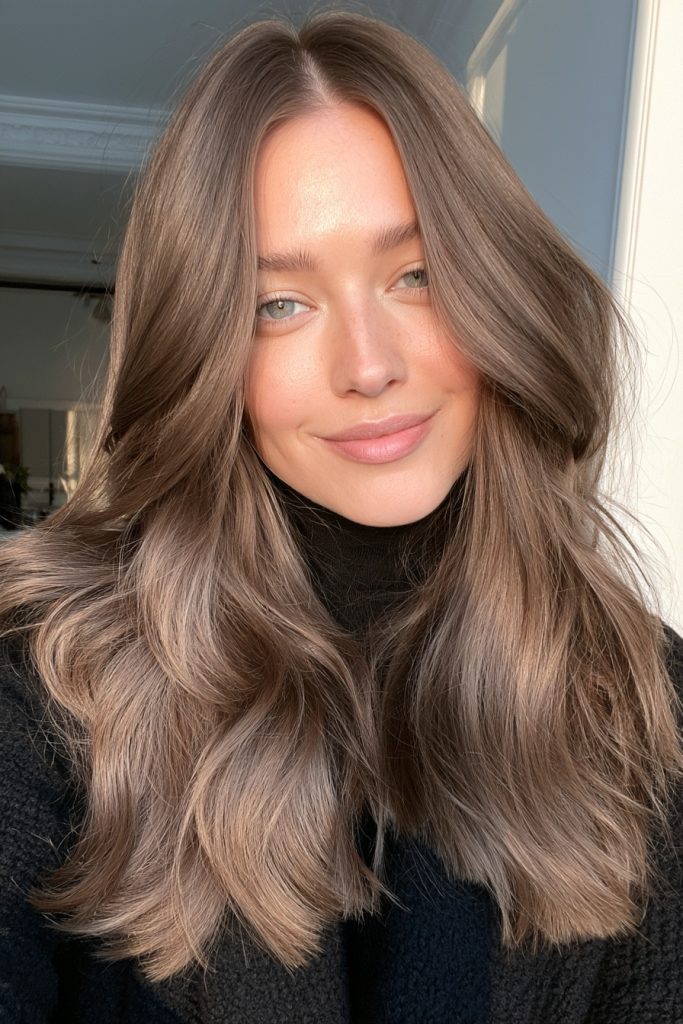 Woman with long wavy mushroom brown hair with soft lighter ash highlights, wearing a black knit sweater