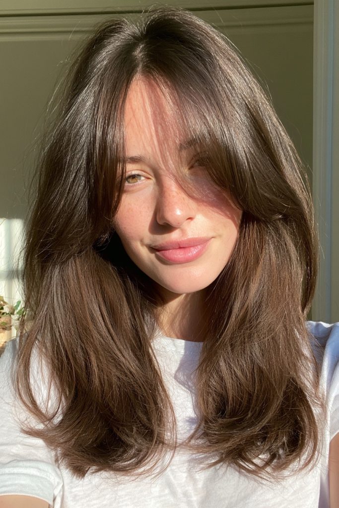Woman with brown hair in long layers and soft curtain bangs parted in the middle, wearing a white tee
