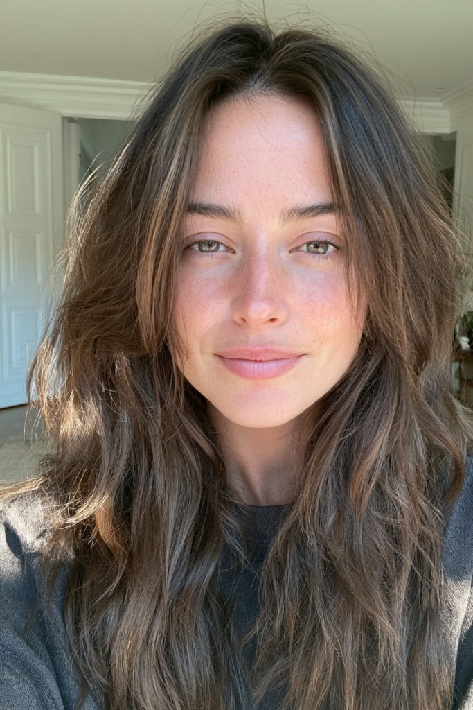 Woman with long soft wavy mushroom brown hair with ashy light brown tones falling past her shoulders
