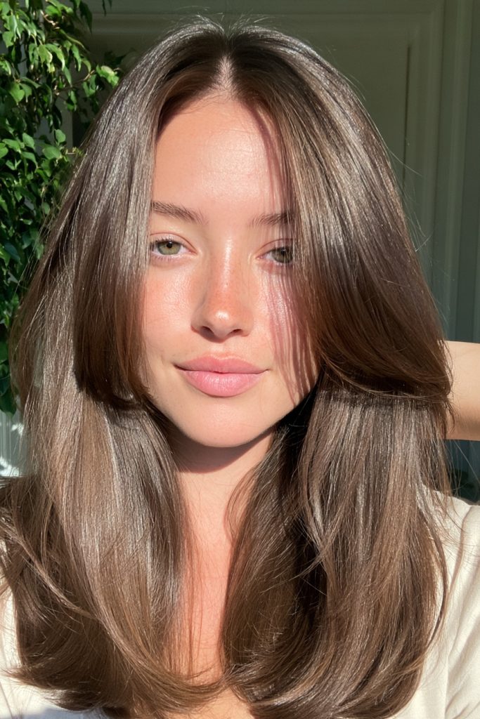 Woman with long straight glossy layered brown hair with cool tones, one hand lifting her hair, wearing a cream top