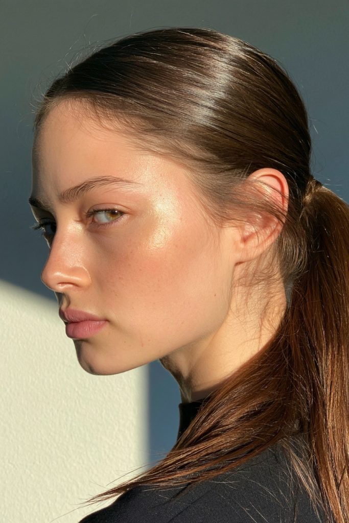 Woman seen in profile with sleek mushroom brown hair pulled into a smooth low ponytail