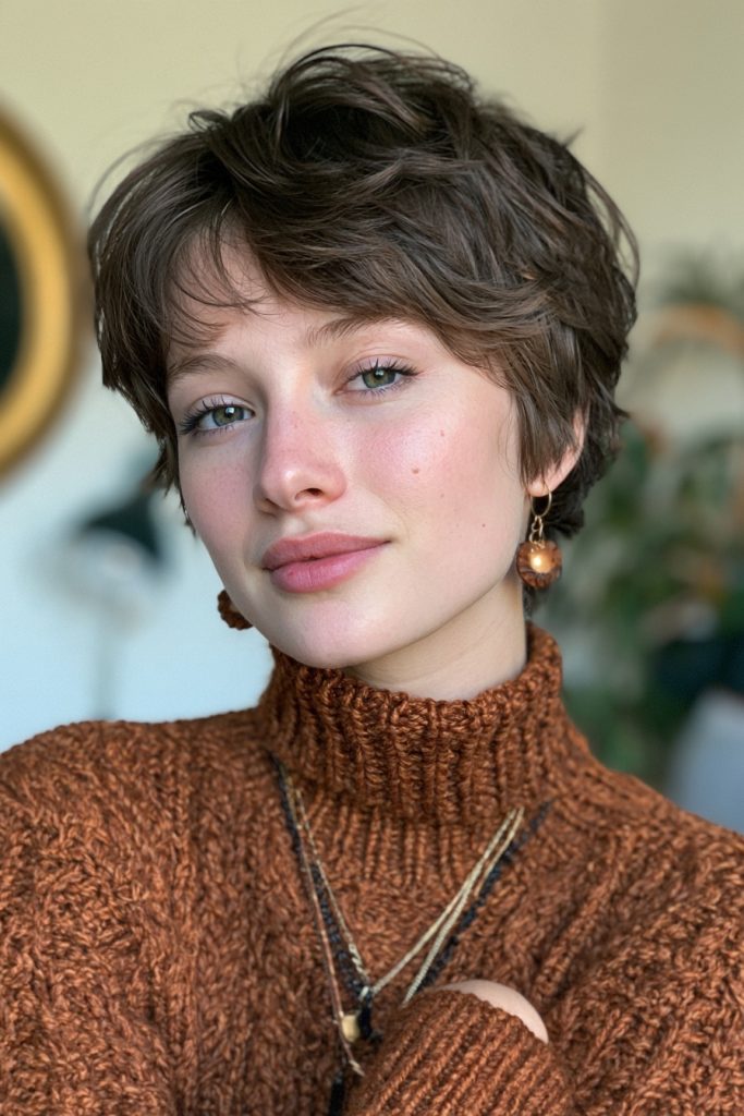 Woman with a short textured brown pixie cut with soft layers wearing a rust turtleneck sweater and drop earrings